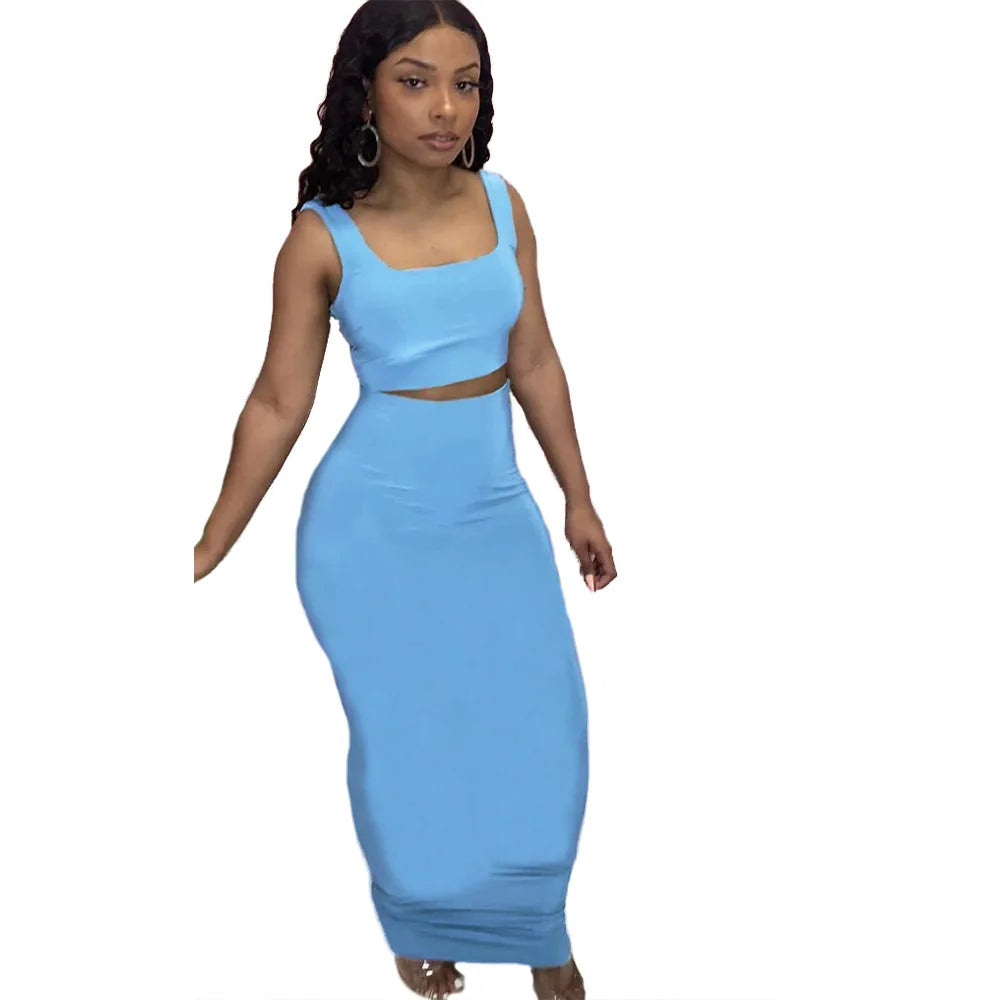CM.YAYA Women Set Solid Sleeveless Strap Square Collar Crop Tops Stretchy Long Skirts Two Piece Set Sexy Fashion Outfits Summer