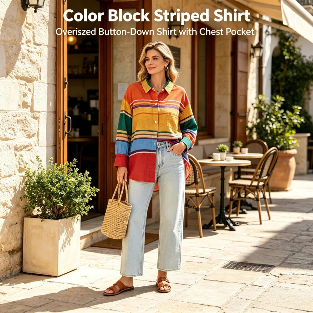 Bonboho Women Colorful Rainbow Stripe Button Down Shirt Lapel Collar Drop Shoulder Loose Long Sleeve Blouse With Chest Pocket