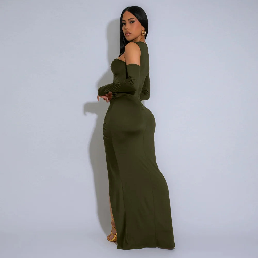 Joskaa Elegant Metal Decoration Hollow Birthday Dress Woman Sexy Irregular Full Sleeve High Split Maxi Dresses 2025 Clubwear