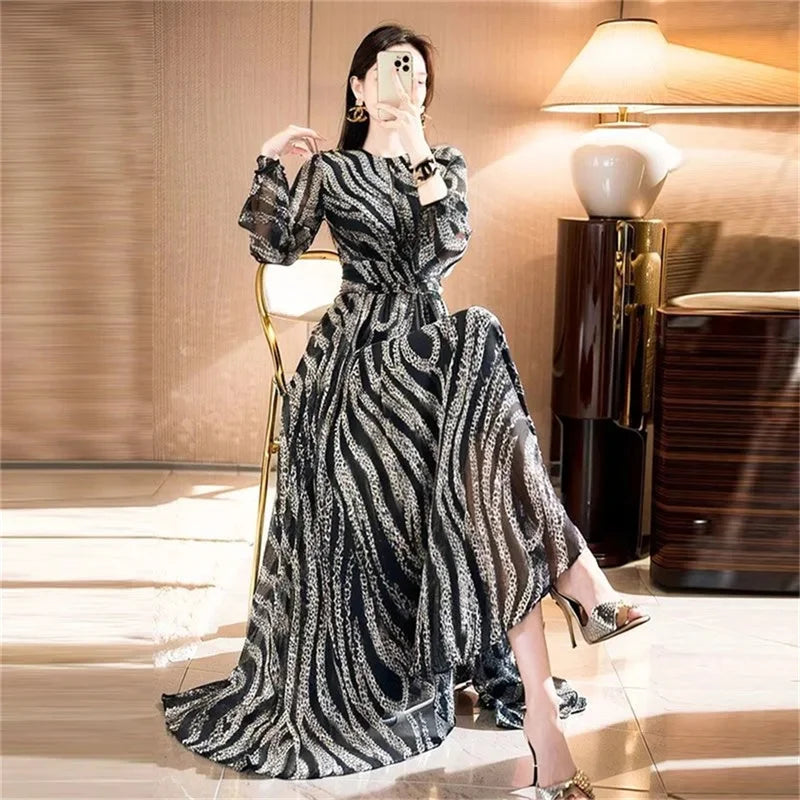 Fashionable Temperament Elegant Socialite Waist Cinching Big Swing Long Skirt Vnique Beautiful Mature Mature Queen Print Dress