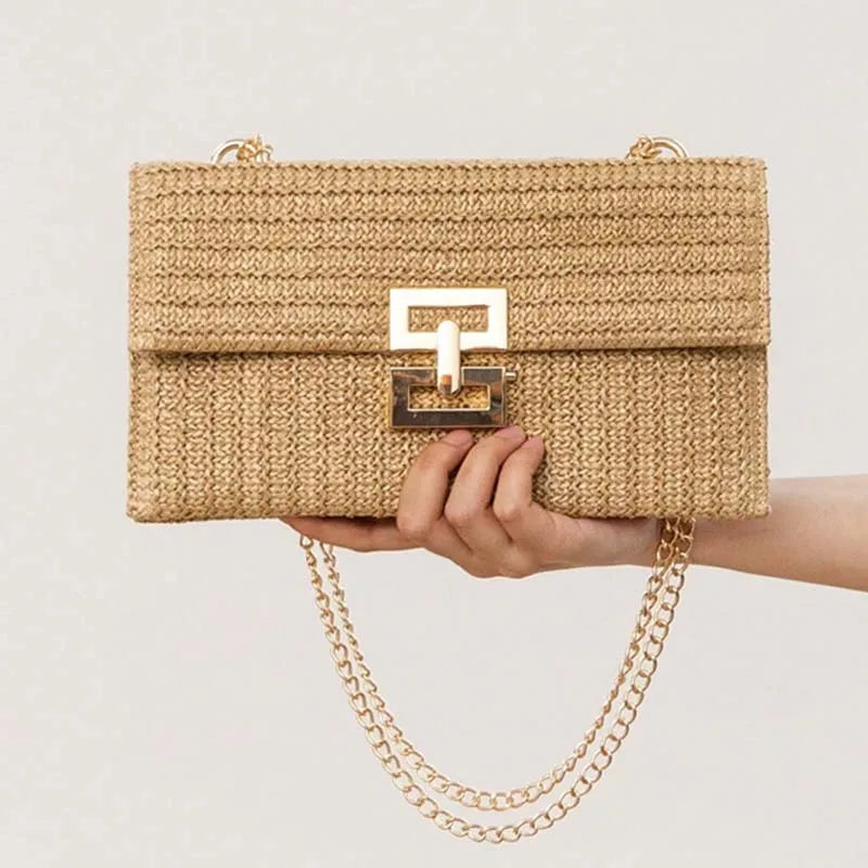 Straw Envelope Evening Party Handbag Fashion Women Weave Pattern Gold Clutch Messenger Purses Lady Daily Commuting Wallet Bags
