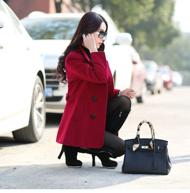 Autumn Winter Women Double Breasted Woolen Coat Solid Color Lapel Slim Fit Short Ladies Wool Jacket S-3XL