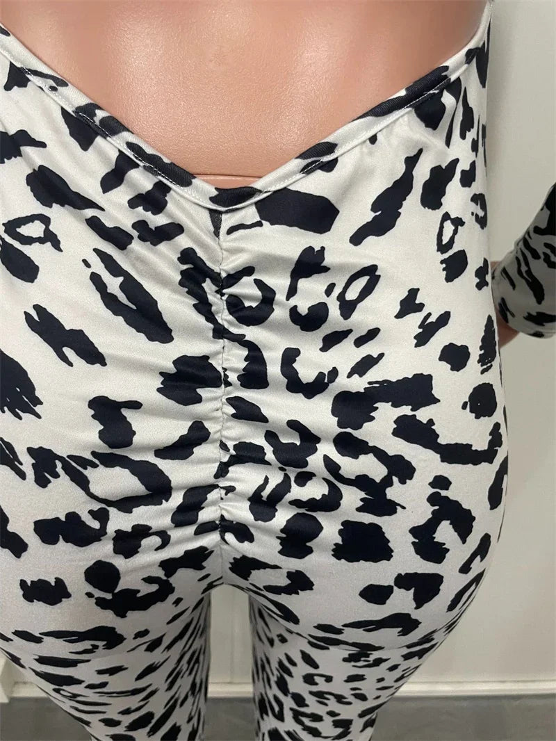 Sexy Open Back Leopard Jumpsuits Women Long Sleeve V-neck Skinny Split Flare Pants Rompers Clubwear Party One Piece Jumpsuit