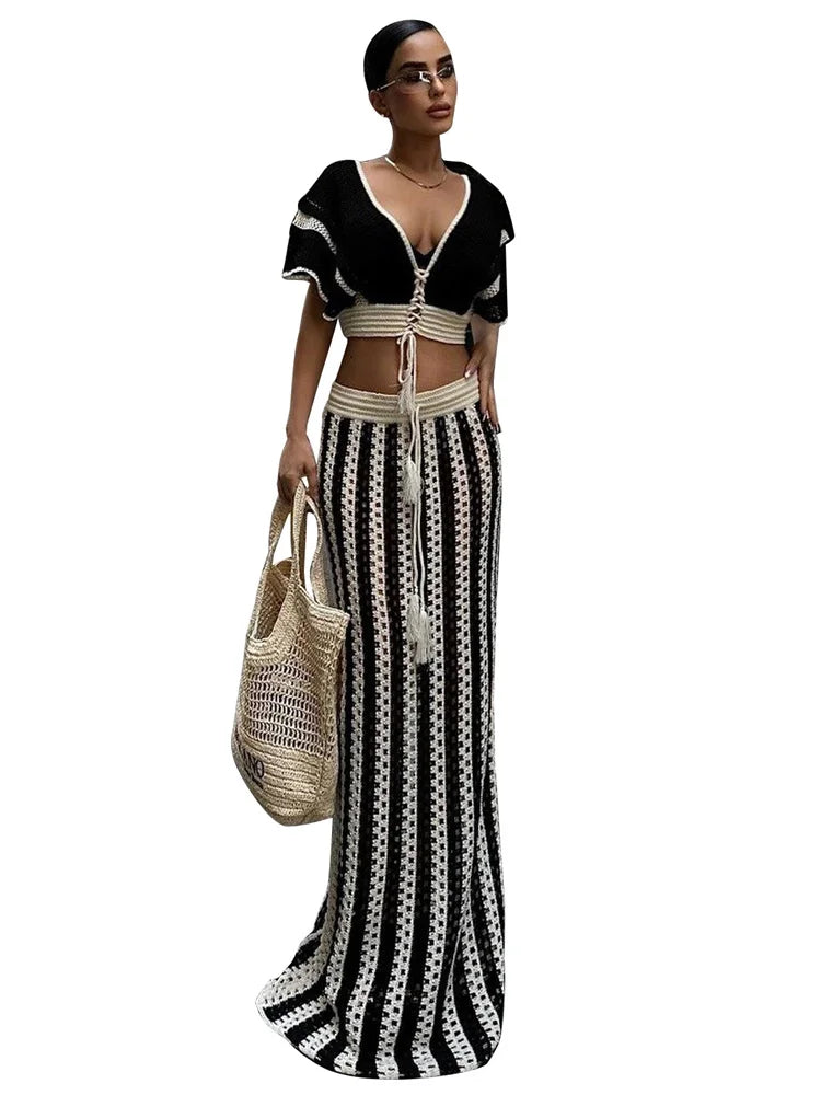 Wmstar Women Two Piece Set Sexy Elegant Knitted Crochet Beach Stripe Crop Tops Long Skirts Matching Set Holiday Birthday Outfits