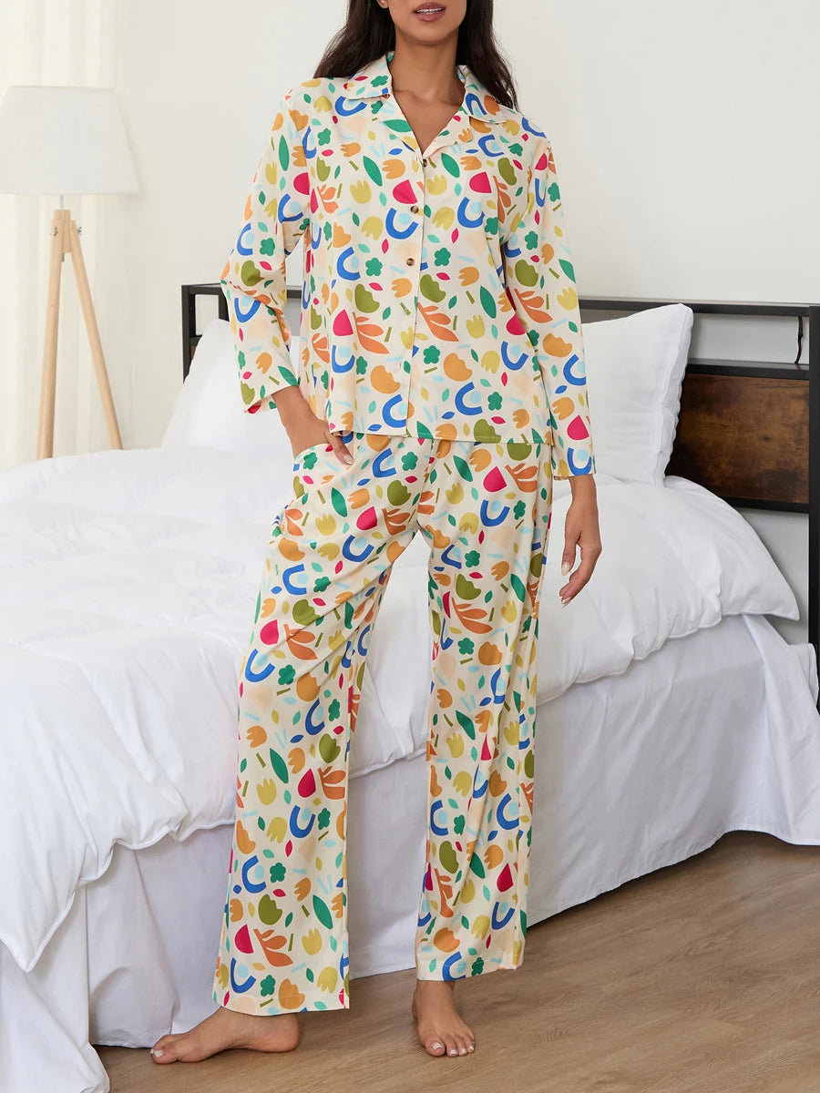 Women Pajamas Set 2 Pieces Loungewear Suits Fashion Print Button up Long Sleeve Tops and Elastic Pants Sleepwear Outfits Pjs