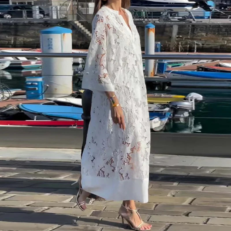 Summer Women White Lace Hollow Evening Dress Elegant V Neck Contrast Patchwork Mesh Women Long Sleeve Party lace Dress 2 piec