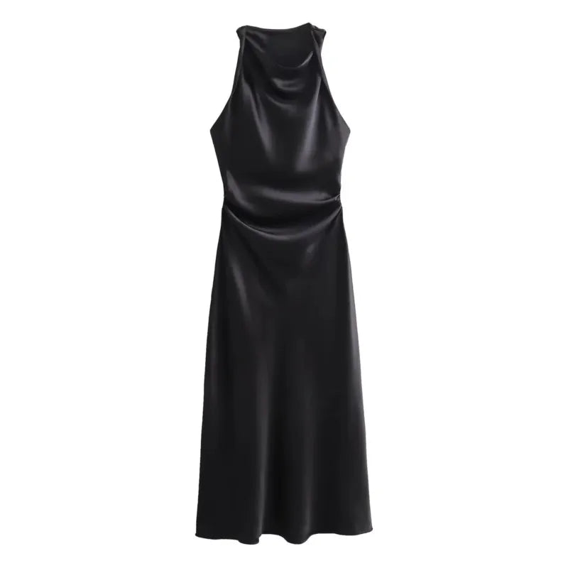 Summer Women's Satin Long Dresses Fashion Sleeveless Elegant Evening Party Dresses