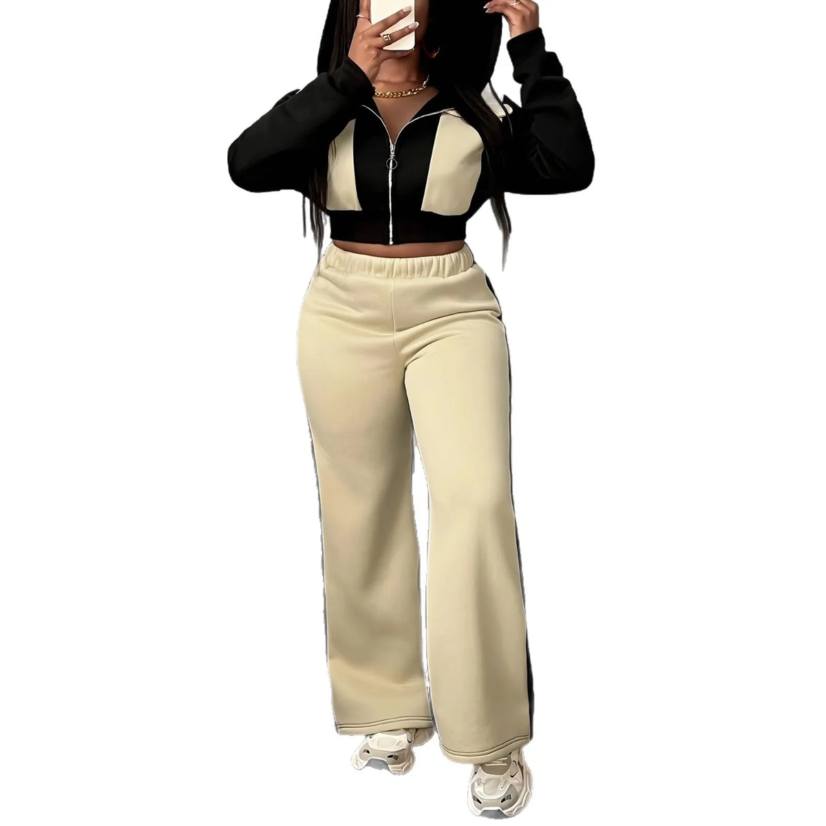 Hooded Two Piece Top and Pants Matching Set for Women