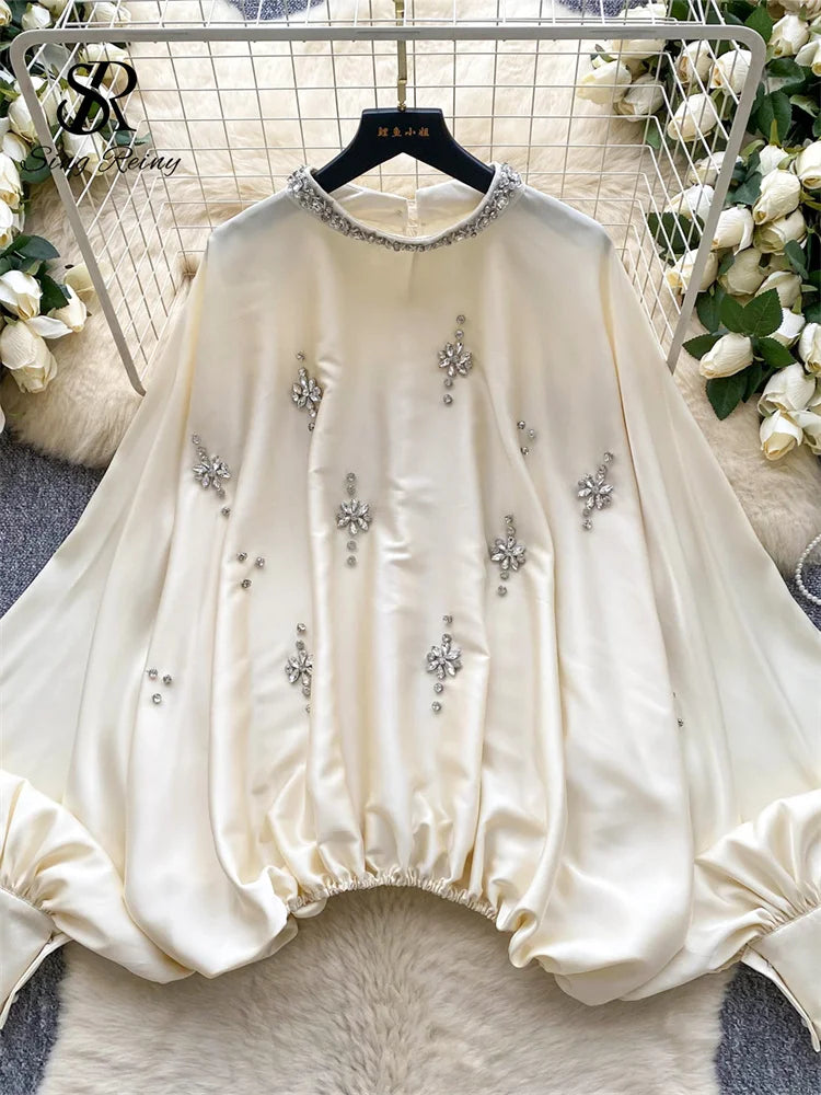 Elegant Beaded Satin Batwing Sleeve Blouse for Women