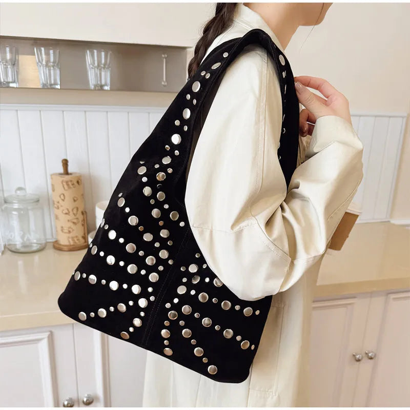 Polka Dot Rivet Tote Bag Women's Fashion Trend Texture Shoulder Bag High-end Luxury Suede Bucket Bag Commuter Female Handbag