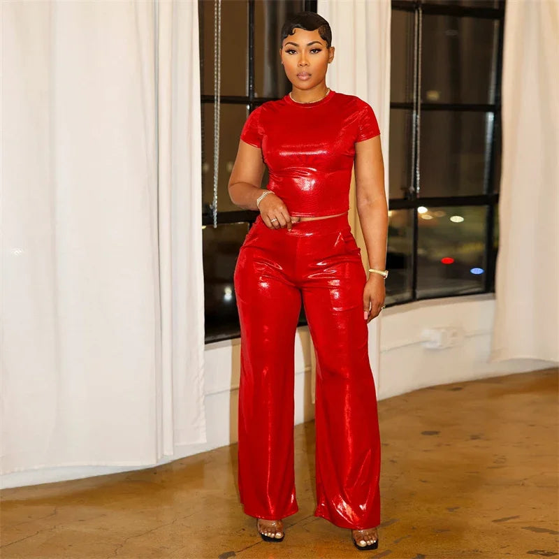 Trendy Metallic New in Matching Sets Woman 2 Piece Set Outfit Rave Club Party Short Sleeve T-shirt Top and Wide Leg Pants Set