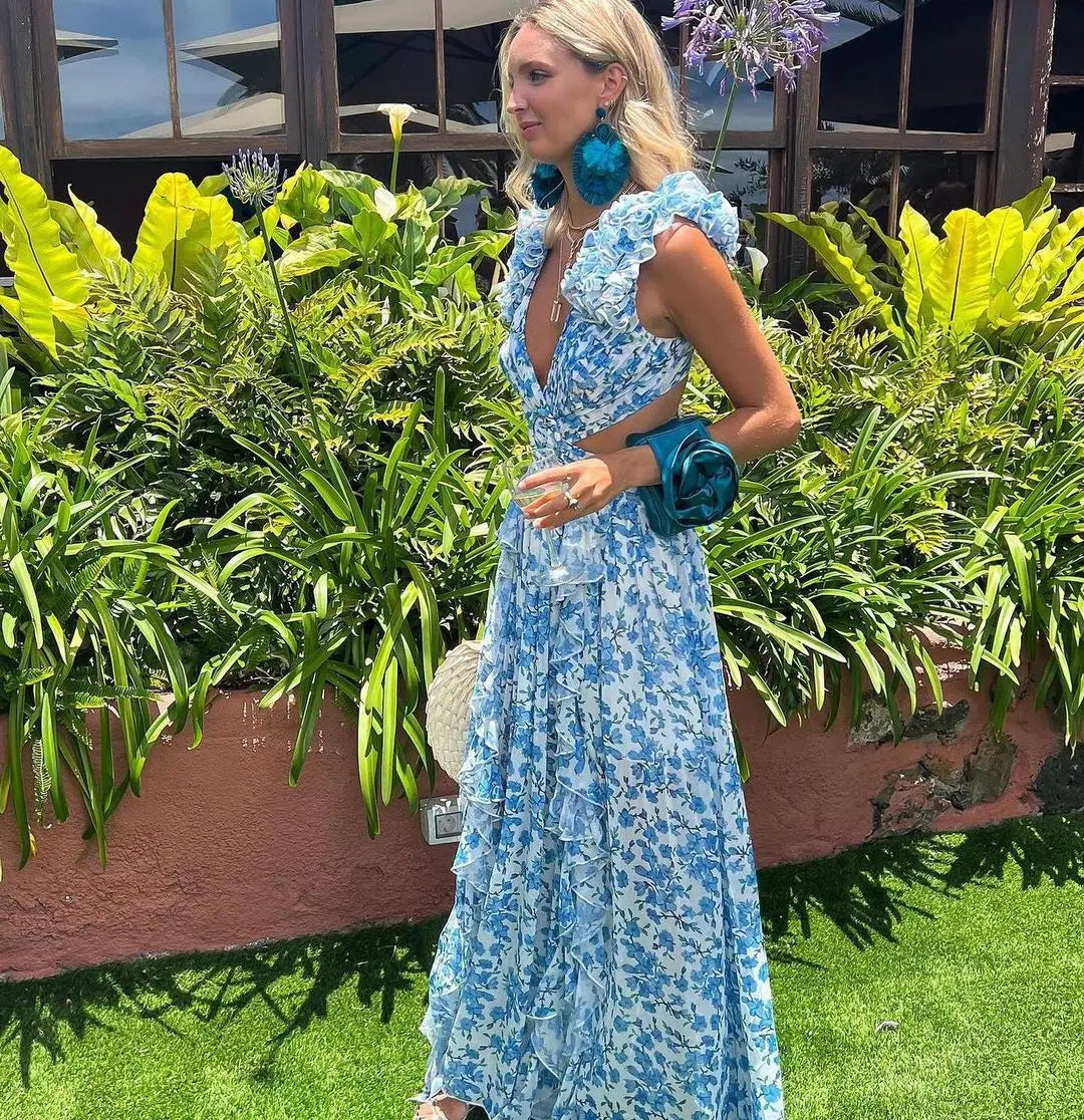 Summer Spring Women's Clothing Dress Hollow Out Slim Deep V Ruffle Edge Floral Backless Dress Loose Maxi