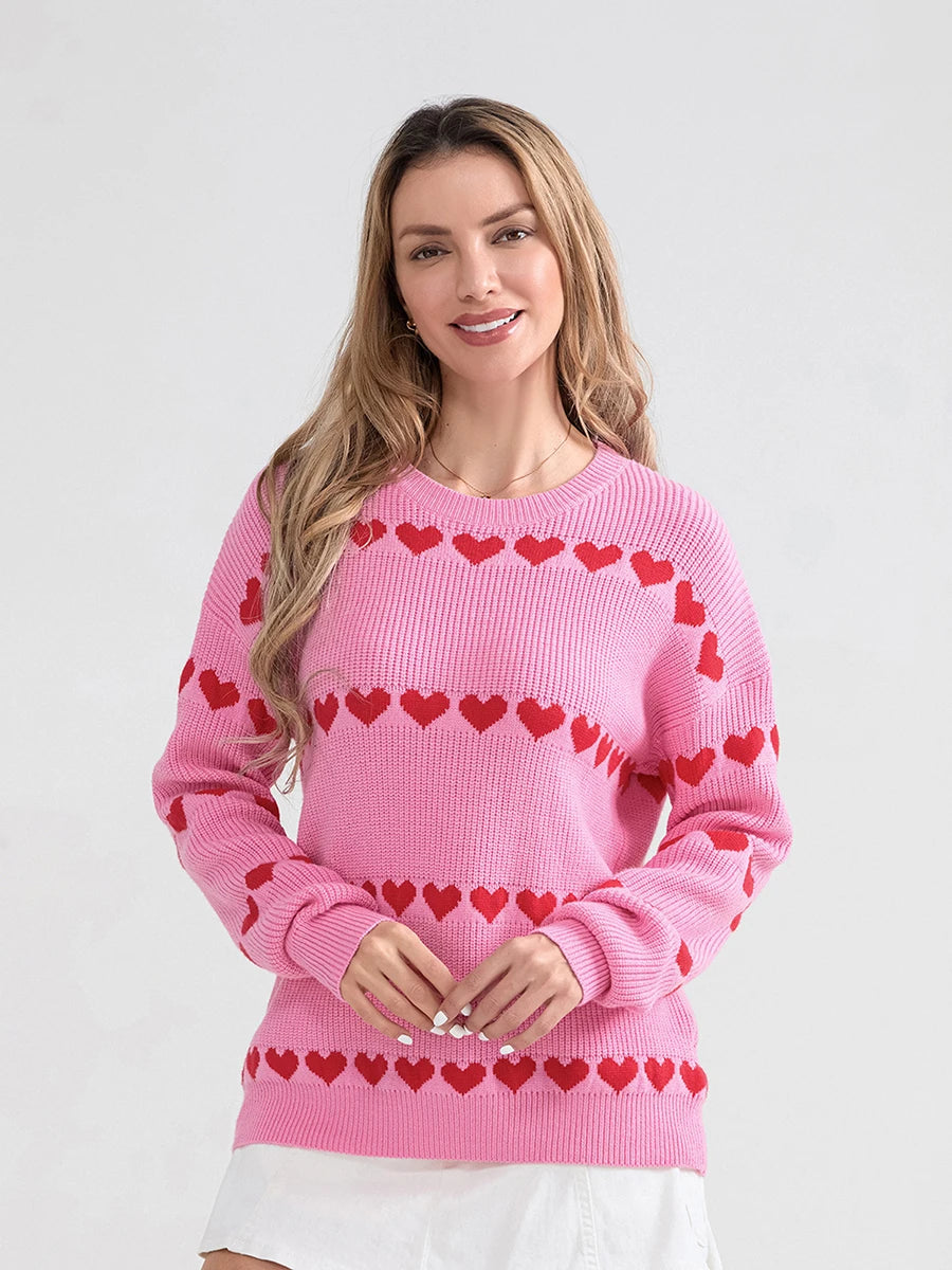 Women Valentine's Day Knit Sweater Heart Print Long Sleeve Round Neck Pullovers Fall Winter Casual Loose Knitted Jumpers Tops