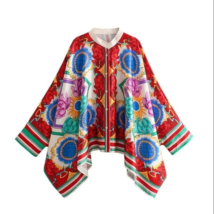 Fashion Stylish Selection Batwing Sleeves Flower Print Stand Collar Blouses Women Spring Summer High-low Buttoned Shirts Tops