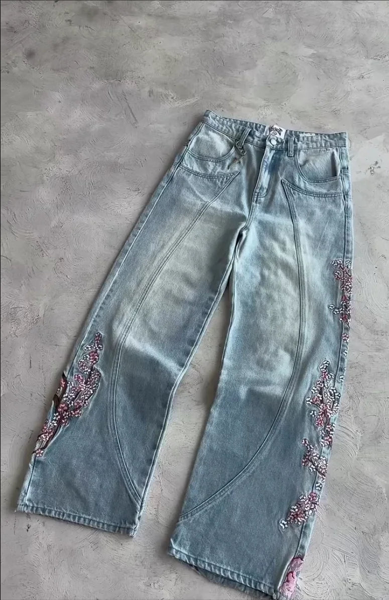 Men Women Cherry Blossom Knight All Embroidery Denim Pants Y2k Vintage Baggy Street Straight Jeans High Waisted Washed Blue Jean