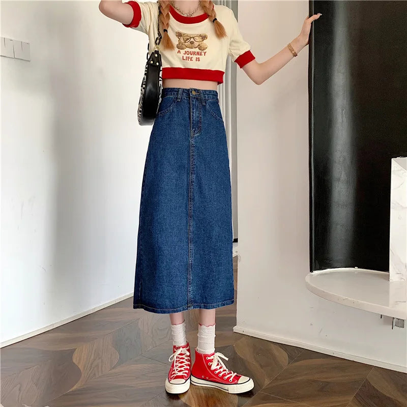 New 2022 Spring-Autumn Medium-Length Denim Skirt For Women High-Waisted Slimming Plus Size Curvy Girls A- Line Hip Covering Skir
