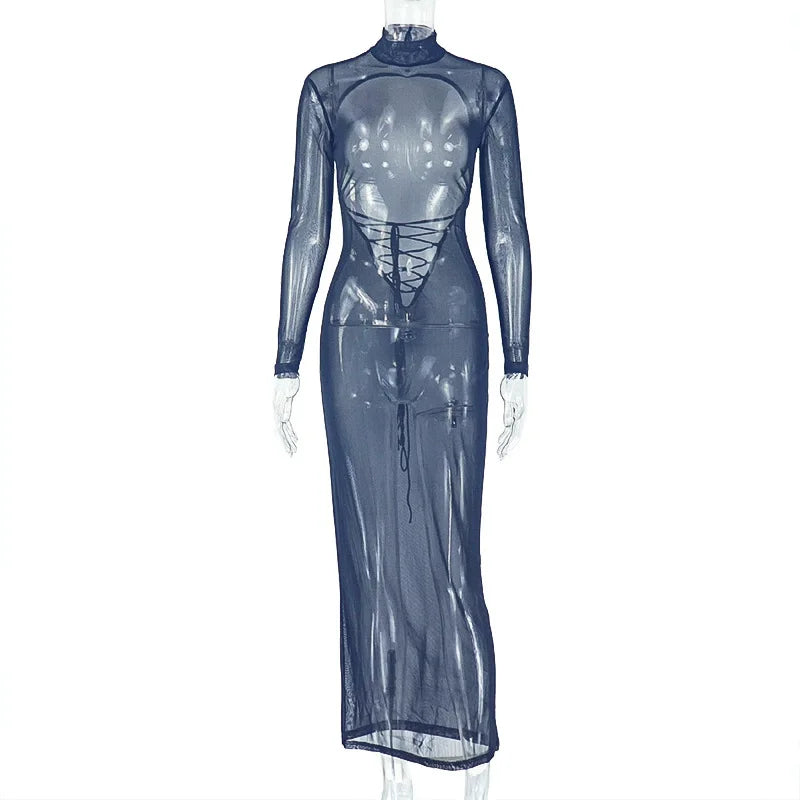 CM.YAYA Women Full Sleeve Mesh See Through Maxi Long Dress 2025 Summer Backless Night Party Birthday Evening Dresses Vestidos