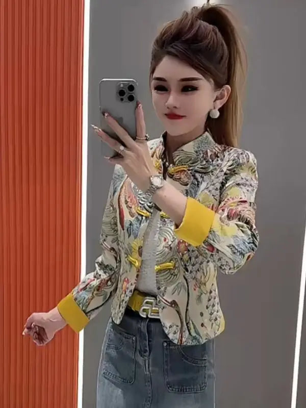 Women Print Coat 2025 Spring New Retro Chinese Printed Splicing Plate Buckle Stand Collar Long Sleeve Short Jacket Women