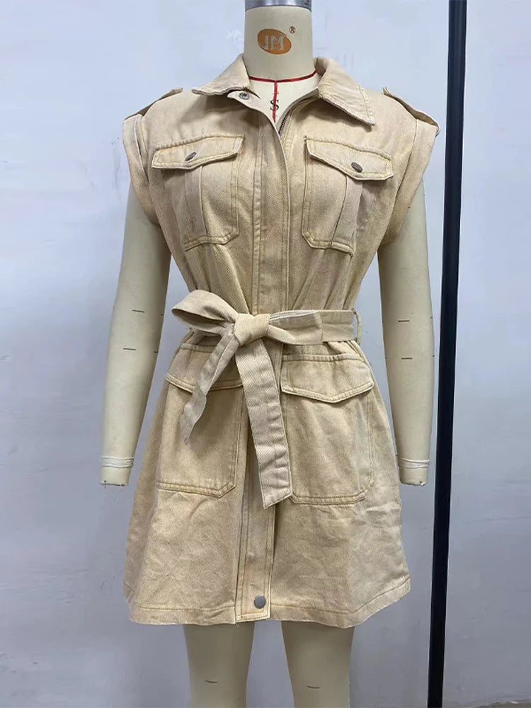 Vintage Women's Short-sleeve Denim Dress Button-front Lapel With Belt Casual Workwear Elegant Female Vestidos Summer 2025