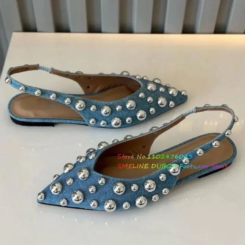 Blue Denim Bead Decoration Pumps Women Pointy Toe Slip On Solid Color Slingback Flat Shoes Ladies Summer New Handmade Sandals