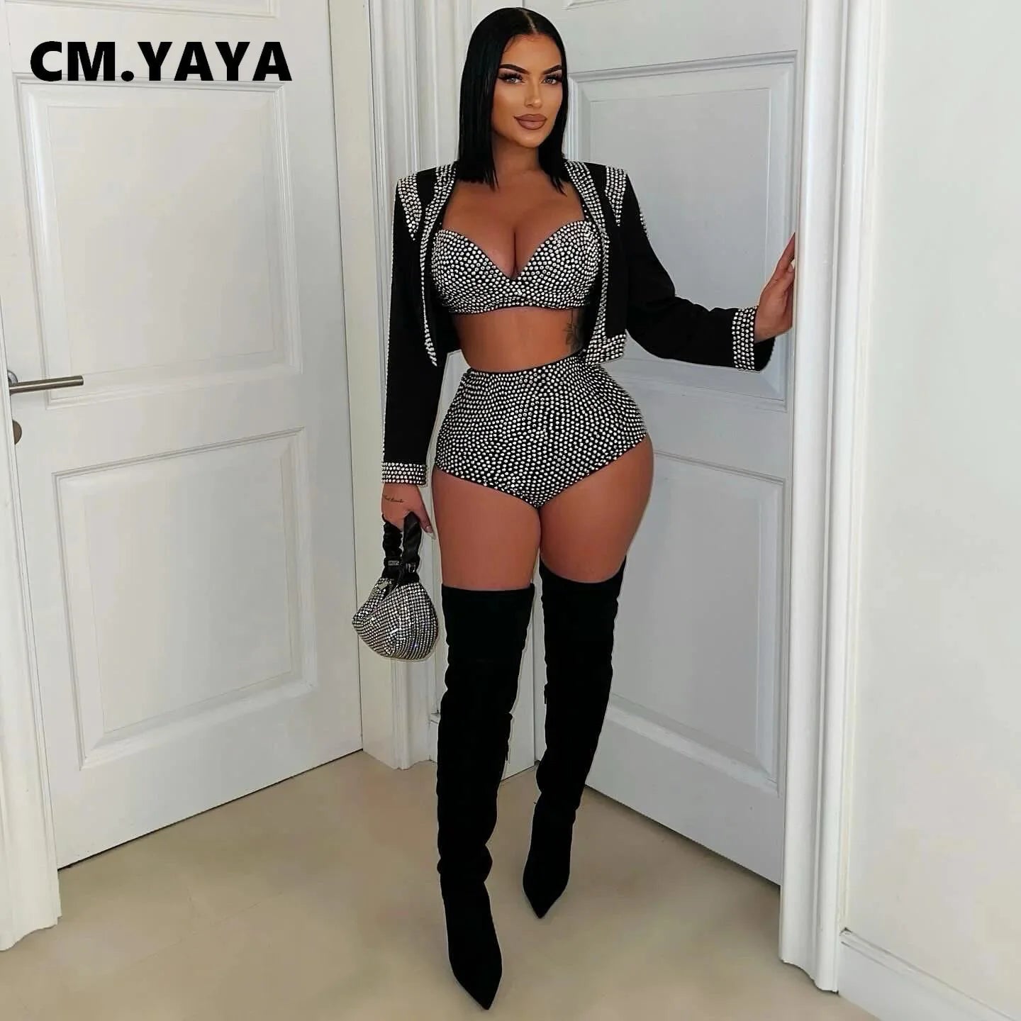 CM.YAYA Diamonds Hot Rhinestones Sexy Party Women's Set Open Stitch Blazer Top + Bra and Shorts 2025 Two 2 Piece Sets Outfits