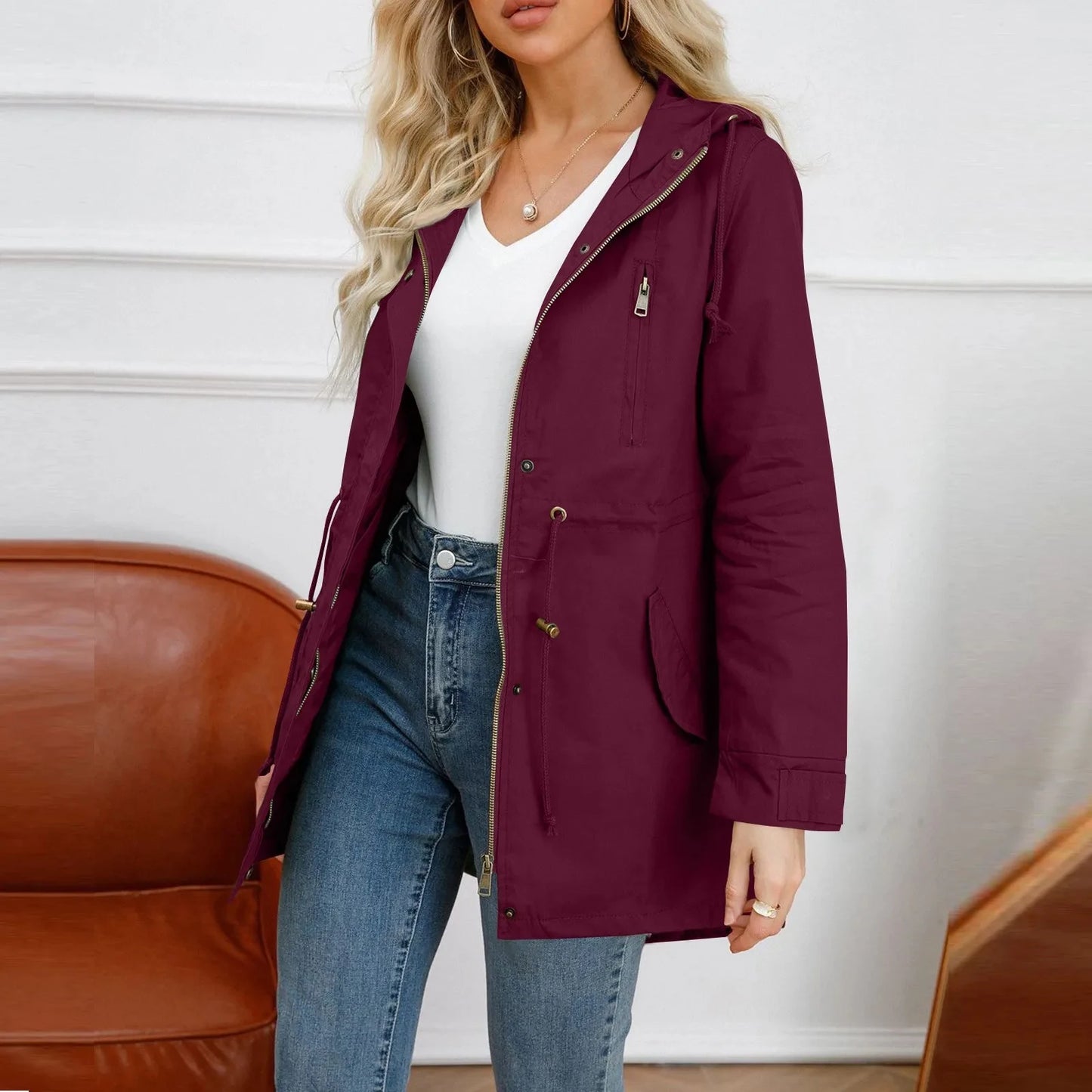 Women's Hooded Trench Coat Spring Autumn Fitted Solid Color Jacket for Daily Outdoor Camping Hiking