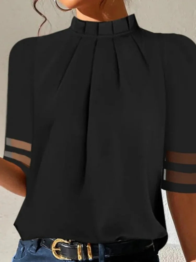 2025 Summer Women's Solid Black Tops Pleated Round Neck Mesh Patchwork Short Sleeve T-shirt Female Casual Shirts