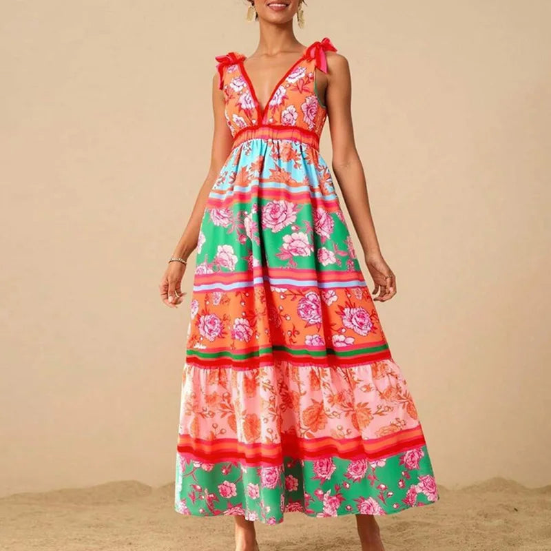 Lady Retro Floral Print Pleated Long Dress Sexy V Neck Hollow Out Sleeveless Beach Dress Casual High Waist Bohemian Summer Dress