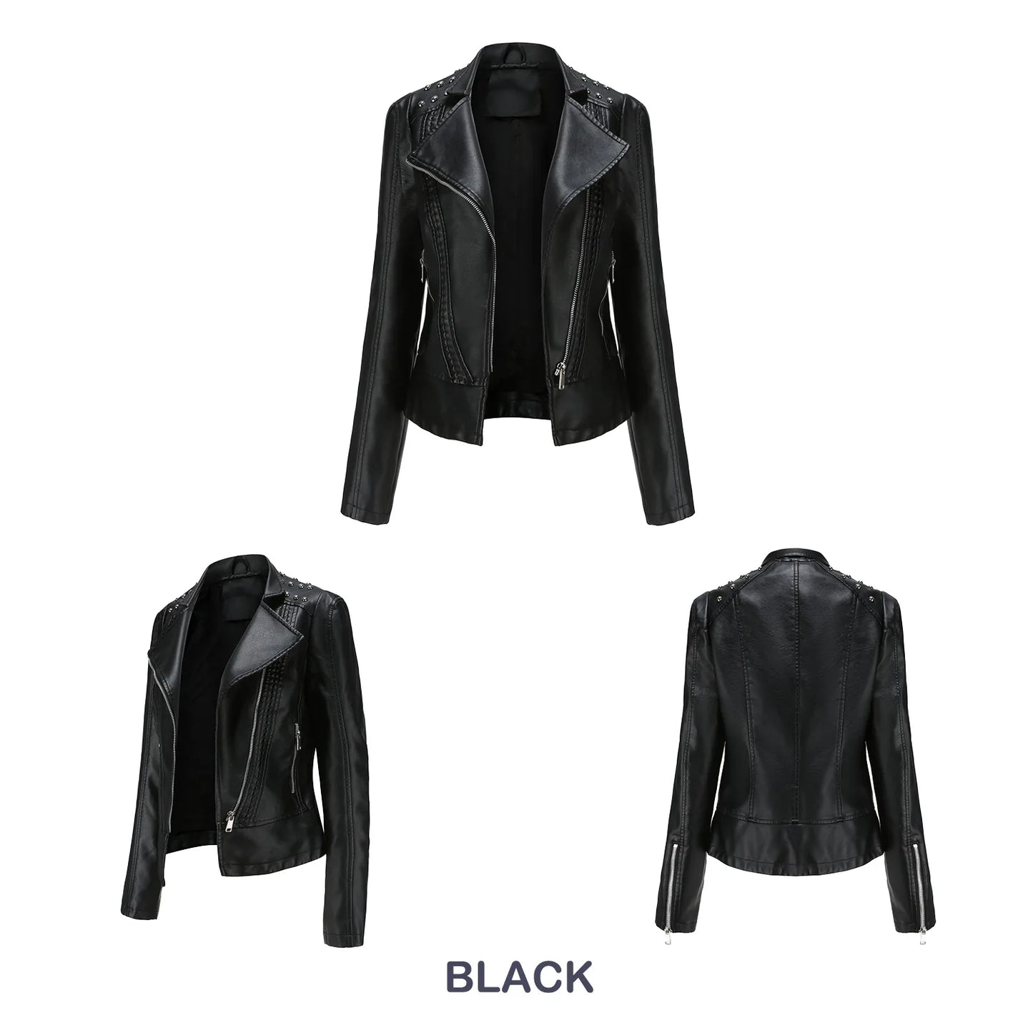 Women's Punk Rivet Leather Jacket Spring Autumn Retro Turndown Collar Slim Casual Ladies Faux Soft Leather Moto Biker Outerwear
