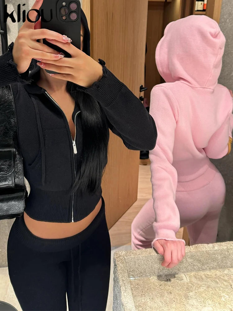kliou Wild Casual WOmen Autumn 2 Piece Set New Matching Outfits Sporty Hooded Zip-up Crop Tops+Bandage Straight Pants Tracksuits