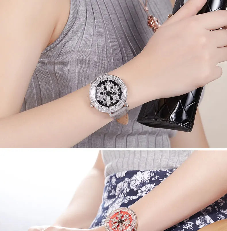 Luxury Davena Spin Snow Flower Women's Watch Japan Mov't Crystal Lady Hours Fine Fashion Real Leather Bracelet Girl's Gift Box