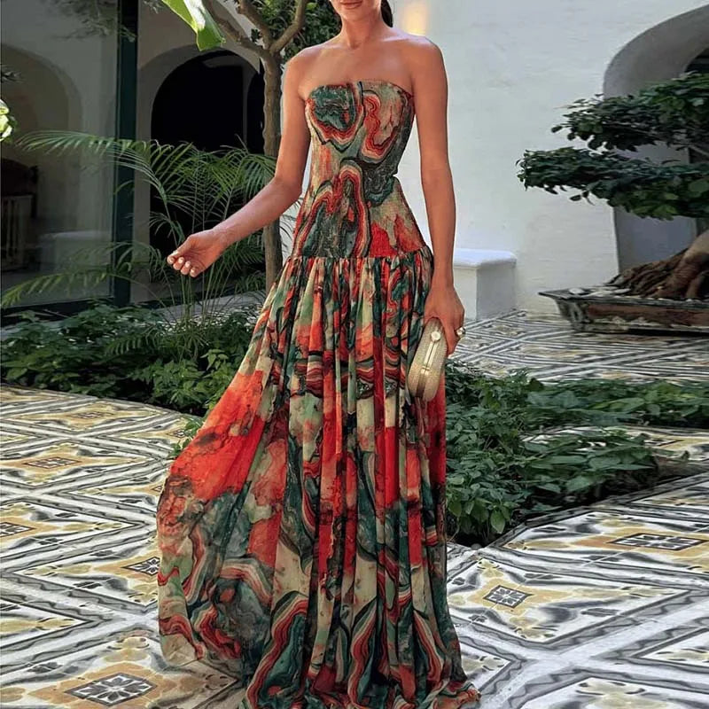 Casual Vacation Sleeveless Bohemian Dress New Summer Off Shoulder Evening Dress Pattern Printed Strapless High Waist Women Dress