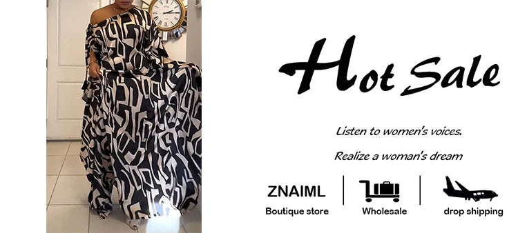 Znaiml Fashion Print Skew Collar Loose Black Maxi Dress for Women Elegant Spring Dashiki Muslim African Club Party Vestidos 2025