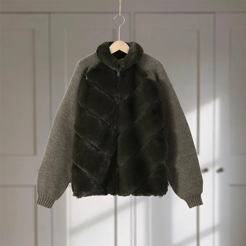 Faux Fur Patchwork Knit Coat With High Collar for Women