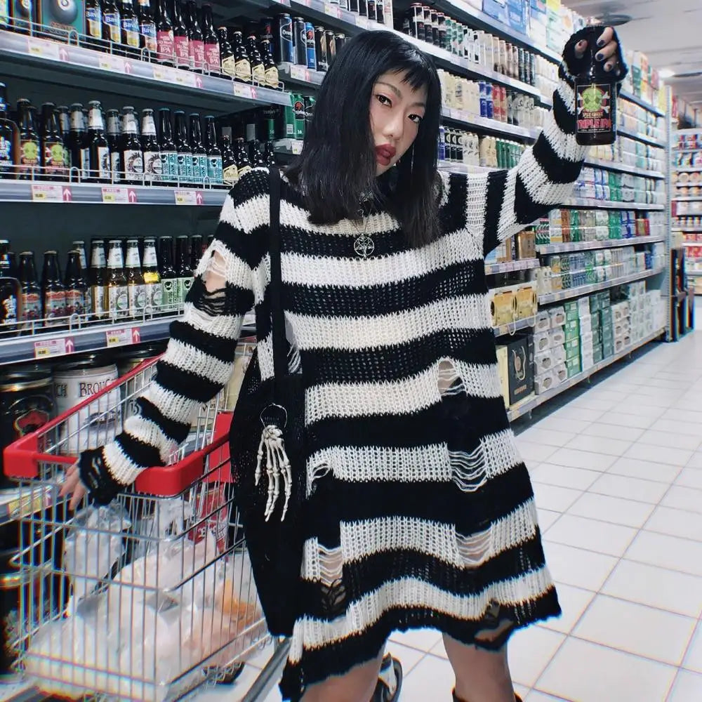 Karrram Punk Gothic Sweater Emo Tops E-girls Mall Goth Pullovers Y2k Harajuku Grunge Clothes Alt Dark Aesthetic Striped Jumpers