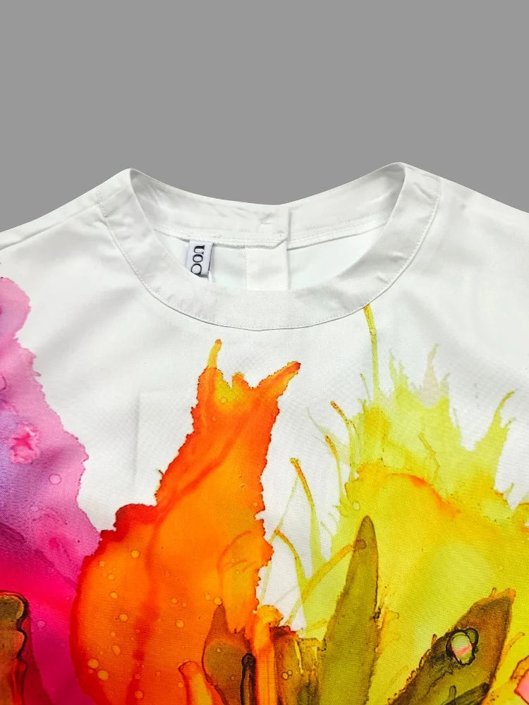 Women T-shirt 2024 New Summer Casual Simple Tops Round Neck Three-Quarter Sleeves Floral Printed Loose Fit Pullovers