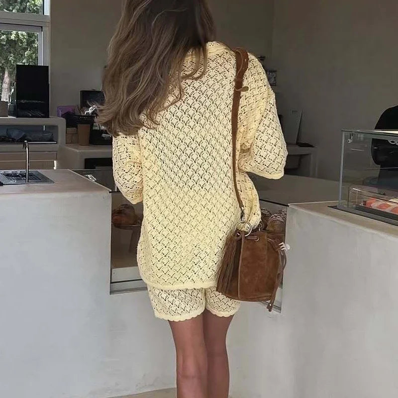 Holiday Hollow Out Knit Crochet Outfit Woman Single Breasted Lapel Shirt Top & Lace Up Short Sets Solid Spring Summer Beach Suit