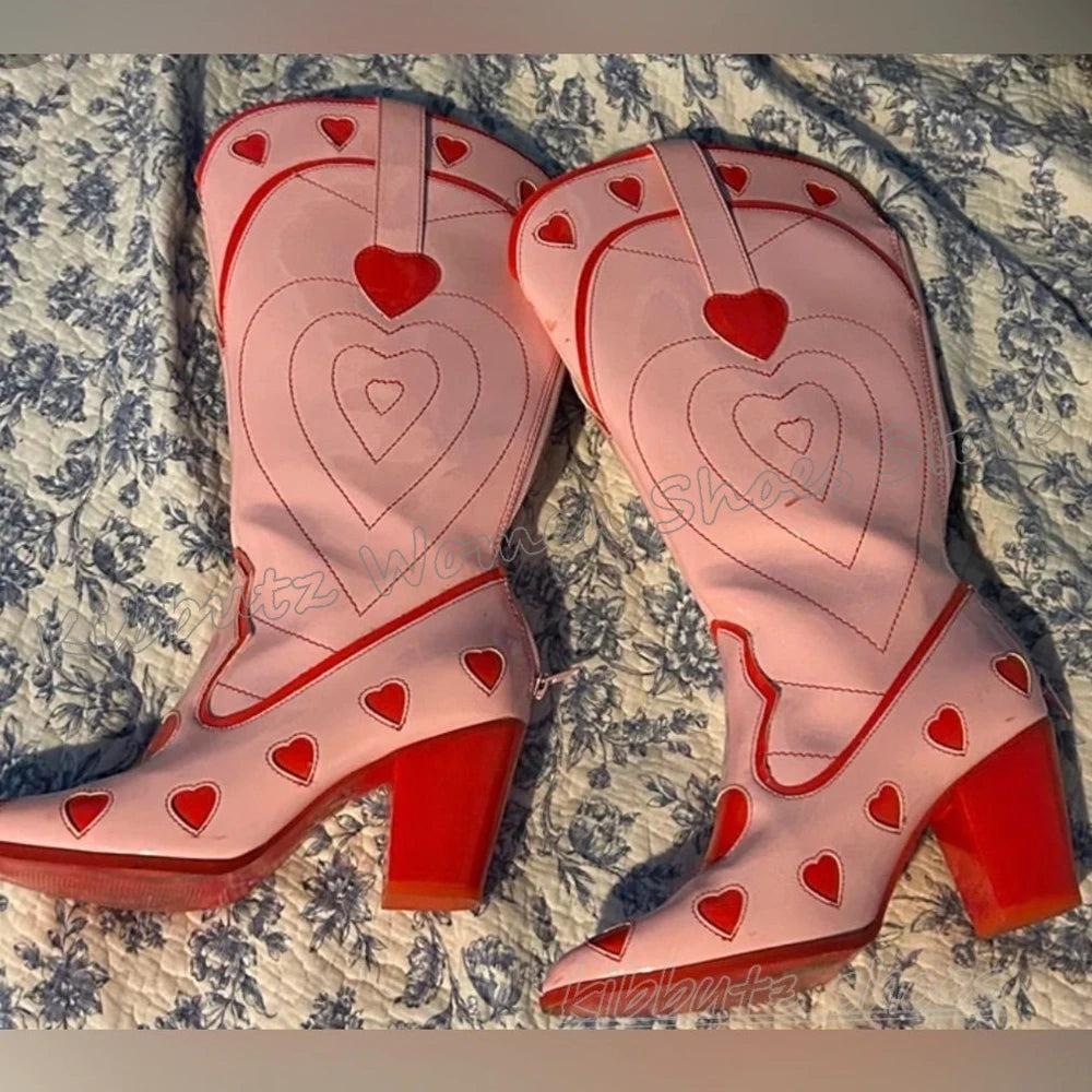 Hearts Cowboy Knee High Boots Slip-On Fashion Novelty Sexy Elegant Concise Novelty Leather Women Shoes Pointy Chunky Heels New
