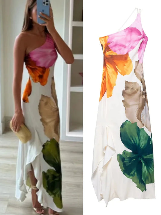 Flower Print Slanted Shoulder Dress Vintage Backless Sleeveless Skinny Irregular Robe For Women 2025 Summer Lady Beach Vestido
