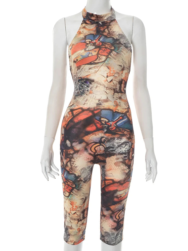 Weird Puss Aesthetics Print Jumpsuits Women Halter Sexy Backless Skinny Peach Buttocks Midnight Club Party Wild Styel Overalls