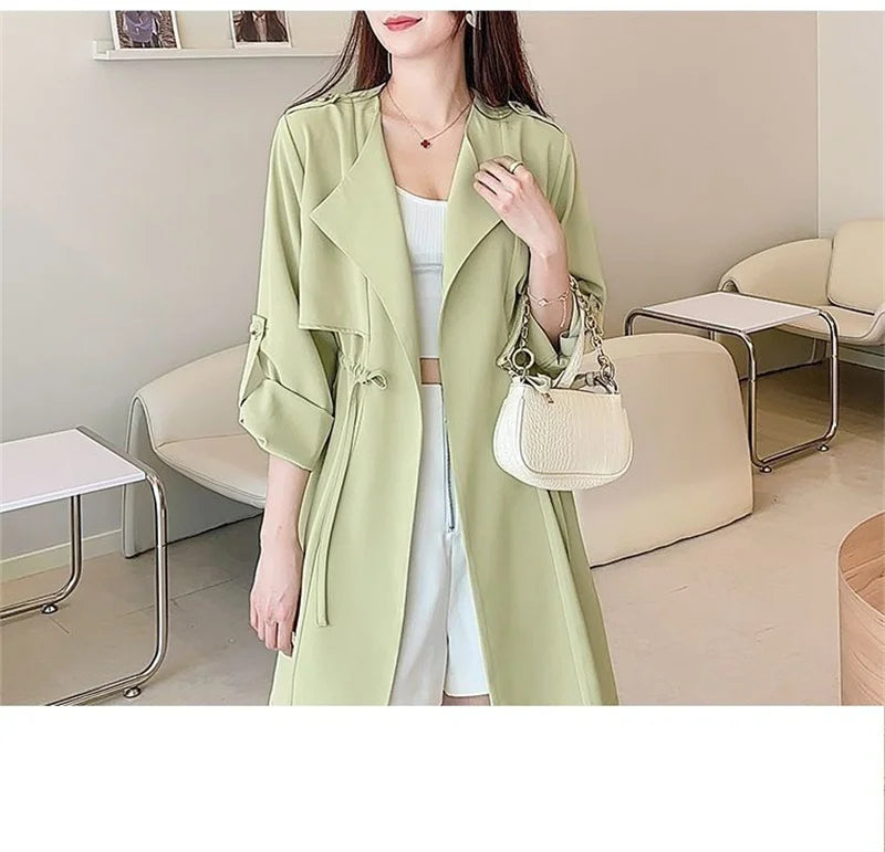 Autumn Windbreaker New Women's Thin Coat Korean Version 2023 Single-Layer Fashion Drawstring Slim Trench Coat Top with 3/4 Sleev