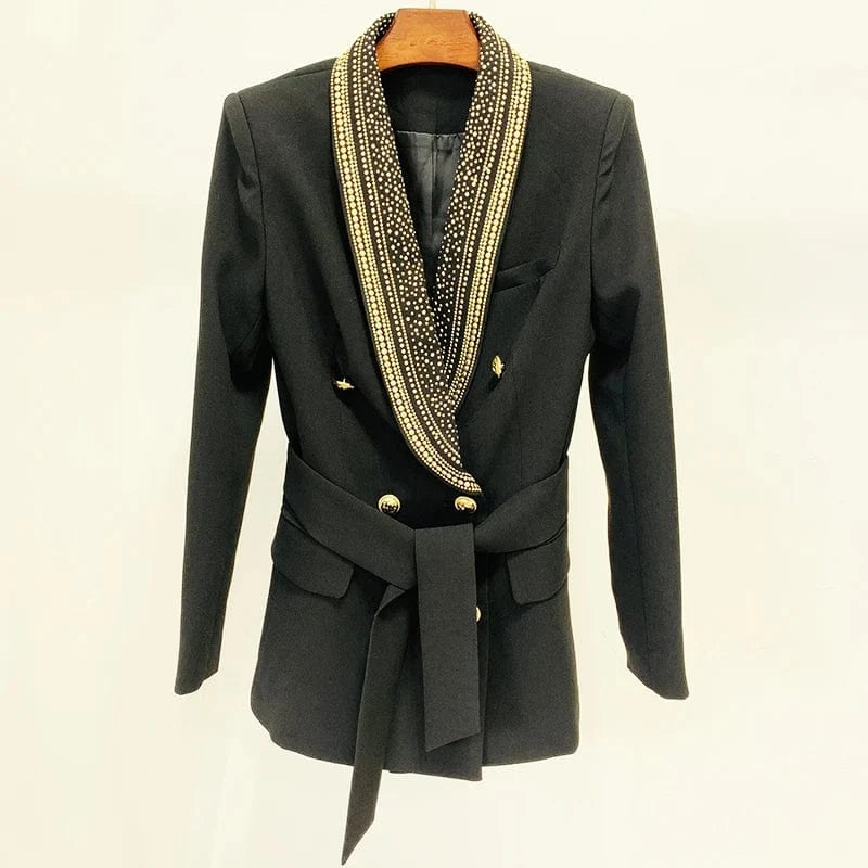 HIGH STREET Newest 2024 Stylish Designer Jacket Women's Metal Sheets Beading Belted Shawl Collar Blazer