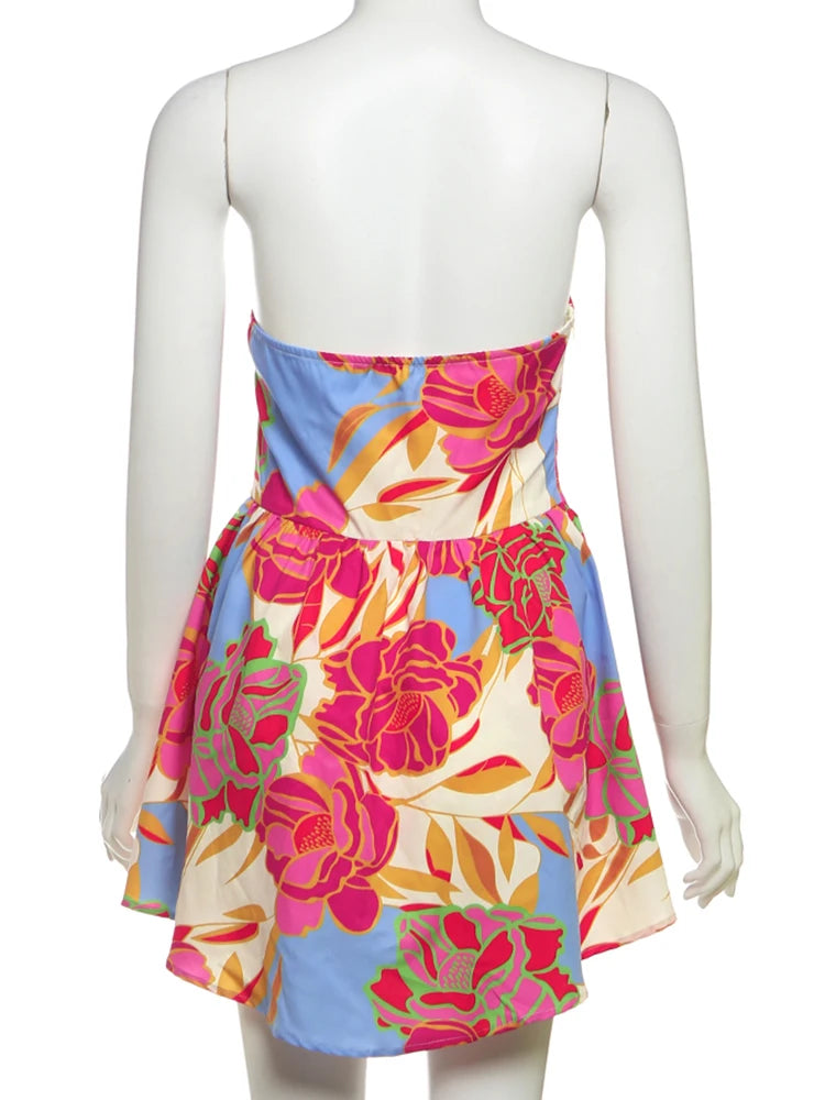 Weird Puss Colorful Print Strapless Dress Women Sexy Off Shoulder Backless Ruched Ruffles Vacation Y2K Sweet Style Mini Bodycon