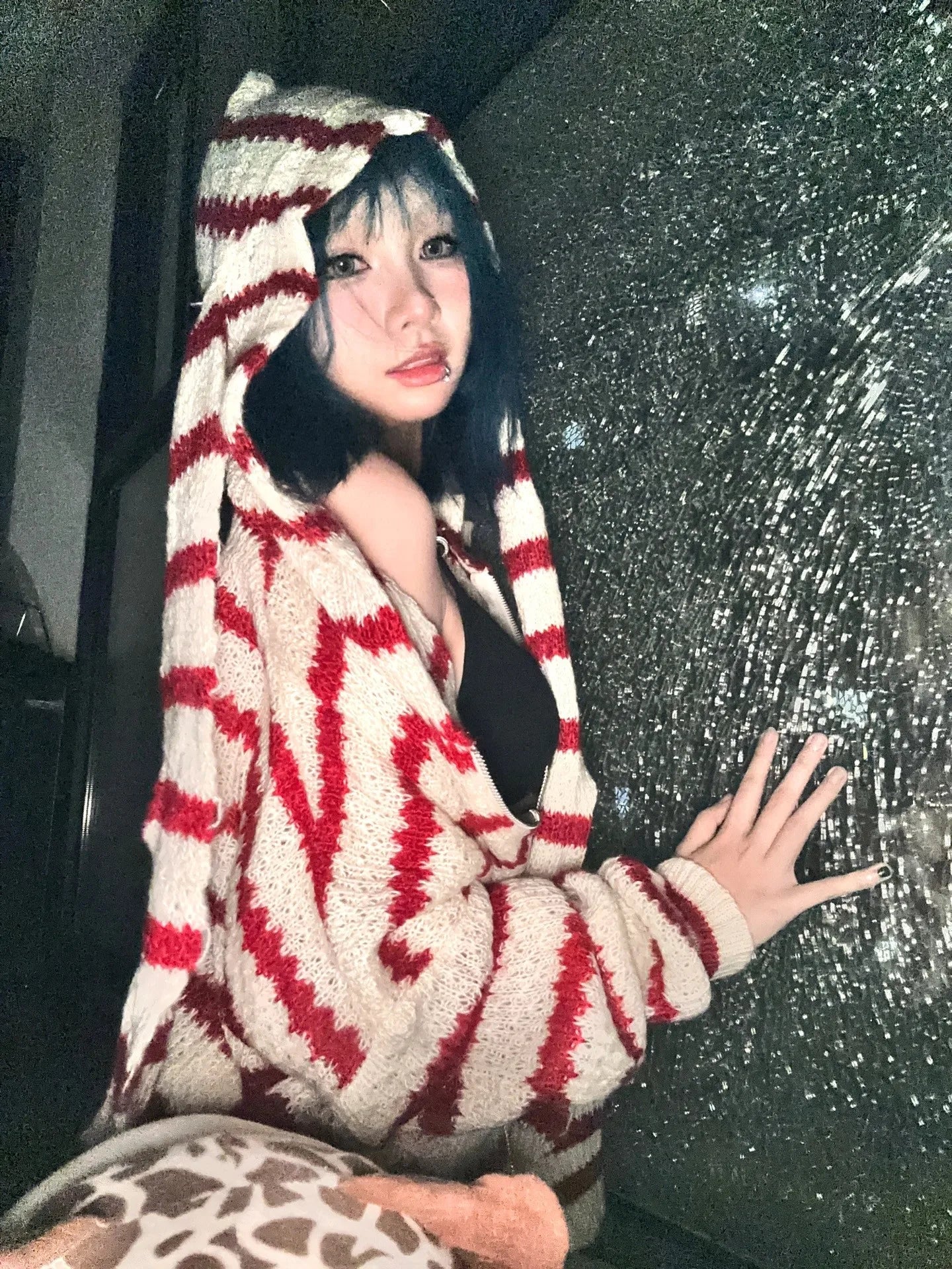 Karrram Japanese Y2k Hooded Cardigan 2000s Aesthetics Rabbit Ears Zipper Knitwear Vintage Harajuku Red Stripe Sweater Grunge