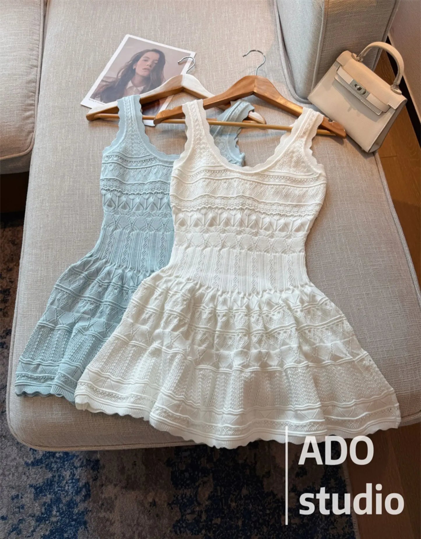 White Sweet A-line Ruffle Edge Knitted Vest Dress Women's Summer French Fashion Slim Temperament Sexy Girl Hollow Short Dress