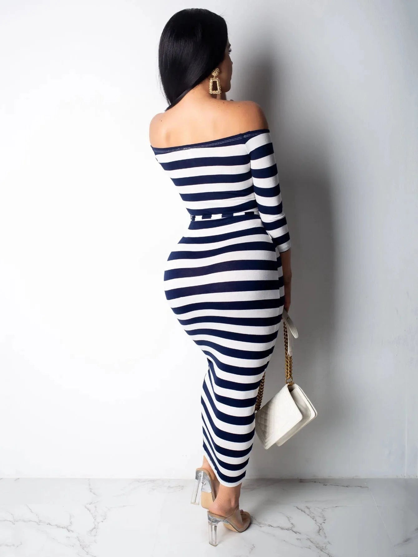 New 2024 Casual Women Dress Summer Striped Bodycon Midi Dresses Slash Neck Lace Up Three Quarter Pencil Dresses
