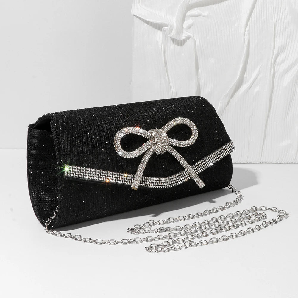 Women Evening Bag Bow Shoulder Bag Glitter Rhinestone Hobo Bag Adjustable Strap Wedding Party Purse