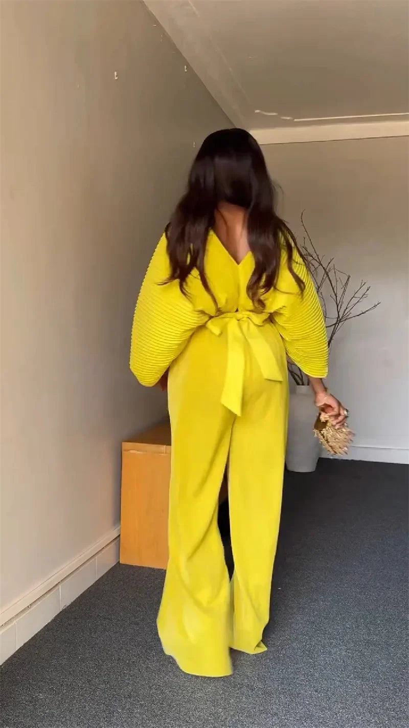 Pleated Blouse V Neck Full Sleeve and Wide Leg Pants Women Loose 2 Pieces Sets Elegant Office Ladies African Outfits 2025