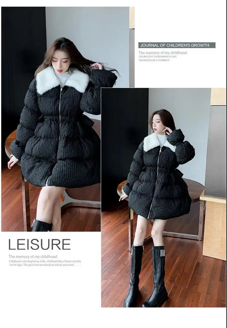 Women Cotton Padded Jacket Coat Female Winter Student Clothing Big Fur Collar Fashionable Medium To Long Parkas