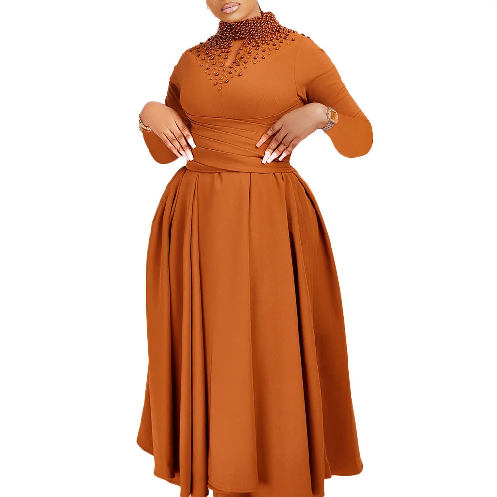 Fashionable High-collar Elegant Embroidered Large Dress Women Waist-shaping African Dress Trendy Plain Pattern Long Skirt